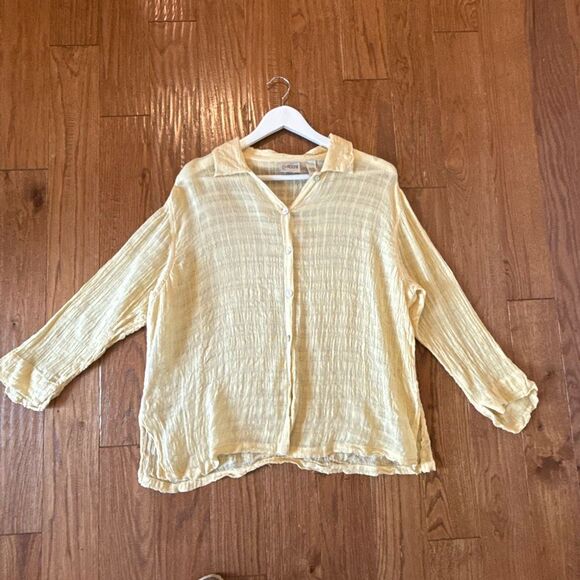 Chicos 100% butter yellow linen gauze collared blouse 2 large - Picture 4 of 10